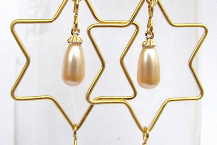 Star Of David Earrings. Jewish Jewelry. Israeli Jewelry. Hebrew Jewelry. Shema Israel Jewelry. Gold Peach Pearl Rebeka Wedding Gift