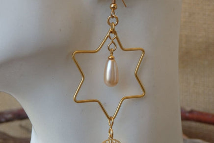 Star Of David Earrings. Jewish Jewelry. Israeli Jewelry. Hebrew Jewelry. Shema Israel Jewelry. Gold Peach Pearl Rebeka Wedding Gift