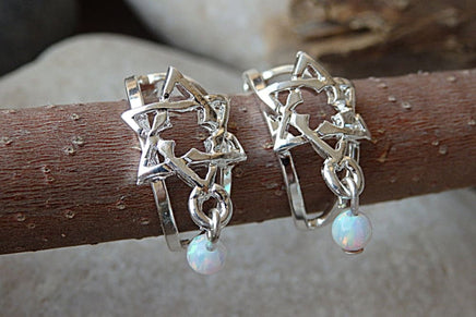 Star Of David Hoop Earrings With White Opal Beads Earrings