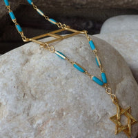 Star Of David Necklace. Blue Enamel Jewish Jewelry. Passover Gift For Women. Judaica Charms Magen David Necklace. Long Gold Necklace.