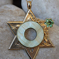 Star Of David Pendant Necklace. Green Shell Rebeka Necklace. Jewish Necklace. Statement Star Jewish Pendant. Gold Magen David Necklace.