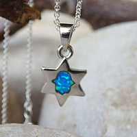 Star Of David With Blue Opal Hamsa Necklace