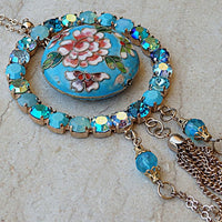 Statement Necklace. Rebeka Enamel Pendant. Women Boho Turquoise Necklace. Rose Gold Jewelry. Long Necklace. Flowers Big Tassel Necklace.