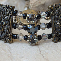 Rebeka Bracelet. Enamel Bracelet. Chunky Bracelet. Evening Jewelry. Elegant Black Grey Bracelet. Rhinestone Bracelet. Antique Black Cuff