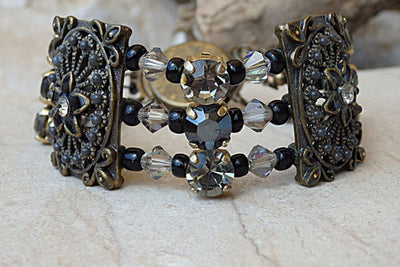 Rebeka Bracelet. Enamel Bracelet. Chunky Bracelet. Evening Jewelry. Elegant Black Grey Bracelet. Rhinestone Bracelet. Antique Black Cuff