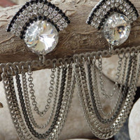 Rebeka Cocktail Earrings. Clear Black Dangle Earrings. Silver Earrings For Bride. Stud Dangle. Bridal Long Earrings.multi Chains Earrings
