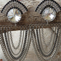 Rebeka Cocktail Earrings. Clear Black Dangle Earrings. Silver Earrings For Bride. Stud Dangle. Bridal Long Earrings.multi Chains Earrings