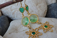 Rebeka Green Earrings. Gold Long Chandelier Earrings