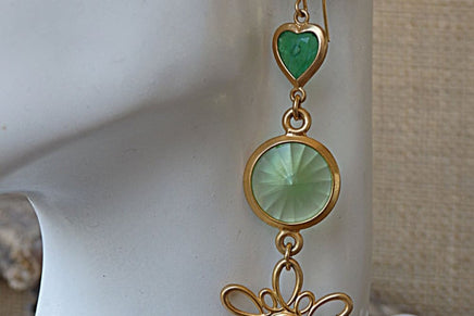 Rebeka Green Earrings. Gold Long Chandelier Earrings