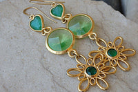 Rebeka Green Earrings. Gold Long Chandelier Earrings