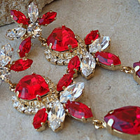 Rebeka Heart Earrings. Red White Earrings. Unique Earrings. Chandelier Earrings. Red Crystal Earrings. Romantic Ruby Bridesmaid Earrings