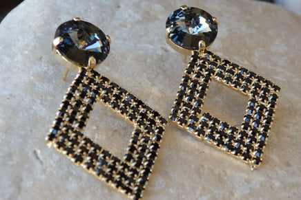 Rebeka Large Stud Earrings. Smoky Gray Crystal Earrings. Gold And Black Earrings. Post Earrings. Grey Black Rebeka Square Earrings