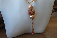 Tassel Necklace . Rebeka Necklace. Fire Orange Peach Beaded Work Jewelry. Ball Necklace Pendant.fringes Hand Made Crafted Gold Necklace.
