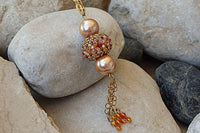 Tassel Necklace . Rebeka Necklace. Fire Orange Peach Beaded Work Jewelry. Ball Necklace Pendant.fringes Hand Made Crafted Gold Necklace.