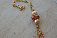 Tassel Necklace . Rebeka Necklace. Fire Orange Peach Beaded Work Jewelry. Ball Necklace Pendant.fringes Hand Made Crafted Gold Necklace.