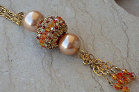 Tassel Necklace . Rebeka Necklace. Fire Orange Peach Beaded Work Jewelry. Ball Necklace Pendant.fringes Hand Made Crafted Gold Necklace.