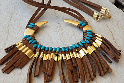 Tribal Necklace. Gypsy Jewelry. African Necklace. Brown Suede Necklace. Statement Pendant. Turquoise Fringes Boho Necklace. Ethnic Necklace