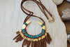 Tribal Necklace. Gypsy Jewelry. African Necklace. Brown Suede Necklace. Statement Pendant. Turquoise Fringes Boho Necklace. Ethnic Necklace