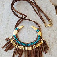 Tribal Necklace. Gypsy Jewelry. African Necklace. Brown Suede Necklace. Statement Pendant. Turquoise Fringes Boho Necklace. Ethnic Necklace