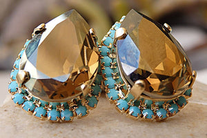 Turquoise And Bronze Earrings. Brown Earrings. Brown And Blue. Stud Earrings. Antiqued Bronze Earrings