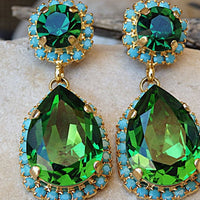 Turquoise And Emerald Drop Shaped Earrings