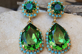 Turquoise And Emerald Drop Shaped Earrings