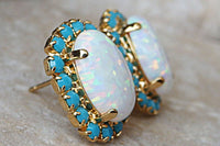 Turquoise And Opal Gold Earrings