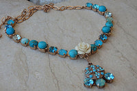 Turquoise Bridal Necklace. Rhinestone Rebeka Necklace. Rose Gold Plated Necklace. Bridesmaid Jewelry Gift. White Coral Necklace. For Her