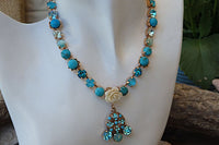 Turquoise Bridal Necklace. Rhinestone Rebeka Necklace. Rose Gold Plated Necklace. Bridesmaid Jewelry Gift. White Coral Necklace. For Her