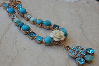 Turquoise Bridal Necklace. Rhinestone Rebeka Necklace. Rose Gold Plated Necklace. Bridesmaid Jewelry Gift. White Coral Necklace. For Her