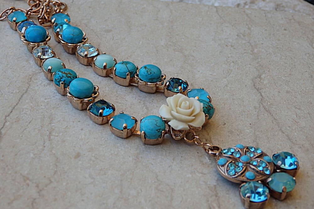 Turquoise Bridal Necklace. Rhinestone Rebeka Necklace. Rose Gold Plated Necklace. Bridesmaid Jewelry Gift. White Coral Necklace. For Her