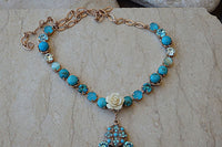Turquoise Bridal Necklace. Rhinestone Rebeka Necklace. Rose Gold Plated Necklace. Bridesmaid Jewelry Gift. White Coral Necklace. For Her