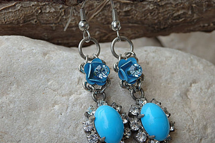 Turquoise Earrings. Crystal Earrings. Flower Drop Earrings For Woman. Silver Turquoise Earrings. Blue Flower Earrings. Turquoise Gemstone