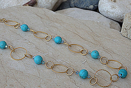 Turquoise Link Necklace. Hoop Necklace. Turquoise Stone And Rebeka Beads Necklace. Gemstone Necklace For Wife. Turquoise Links Chain