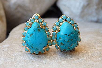 Turquoise Non Pierced Earrings. Genuine Turquoise And Rebeka Clip On Drop Earrings. Bridesmaid Clip Ons. Gemstone Turquoise Bridal Posts