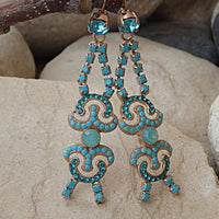 Turquoise Rhinestone Earrings. Turquoise Bridal Earrings. Rose Gold Long Earrings. Something Blue. Bridesmaid Elegant Earrings.holiday Gift
