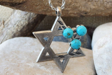 Turquoise Silver Star Of David Necklace Pendant. Jewish Star Necklace. Silver Magen David Jewish Necklace. Shield Of David Charms Jewelry