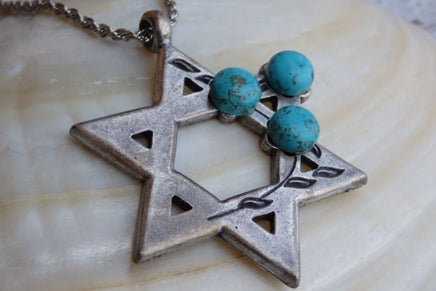 Turquoise Silver Star Of David Necklace Pendant. Jewish Star Necklace. Silver Magen David Jewish Necklace. Shield Of David Charms Jewelry