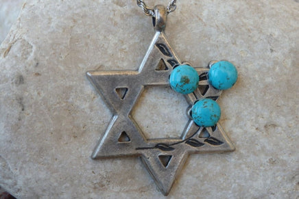 Turquoise Silver Star Of David Necklace Pendant. Jewish Star Necklace. Silver Magen David Jewish Necklace. Shield Of David Charms Jewelry