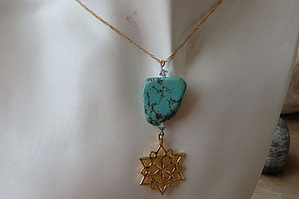 Turquoise Star Of David Necklace. December Birthstone. Flower Jewelry. Gemstone Turquoise Necklace. Women Jewish Jewelry. Gold Magen David