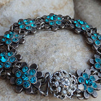 Turquoise Rebeka Crystal Bracelet.rhinestone Bracelet. Bridal Jewelry. Silver Rebeka Bracelet. Flowers Elegant Bracelet. For Wife.