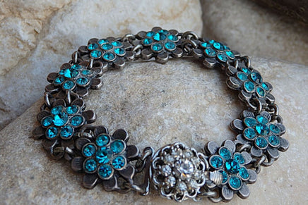 Turquoise Rebeka Crystal Bracelet.rhinestone Bracelet. Bridal Jewelry. Silver Rebeka Bracelet. Flowers Elegant Bracelet. For Wife.