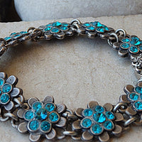 Turquoise Rebeka Crystal Bracelet.rhinestone Bracelet. Bridal Jewelry. Silver Rebeka Bracelet. Flowers Elegant Bracelet. For Wife.