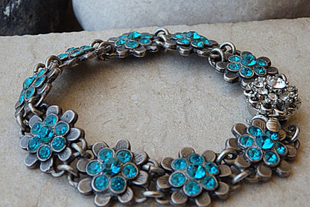 Turquoise Rebeka Crystal Bracelet.rhinestone Bracelet. Bridal Jewelry. Silver Rebeka Bracelet. Flowers Elegant Bracelet. For Wife.