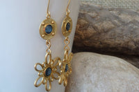 Two Flower Chandelier Earrings. Gold Blue Dangle Earrings. Flower Boho Earrings. Blue Rebeka Romantic Earrings. Chic Gold Earrings