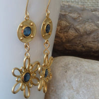 Two Flower Chandelier Earrings. Gold Blue Dangle Earrings. Flower Boho Earrings. Blue Rebeka Romantic Earrings. Chic Gold Earrings