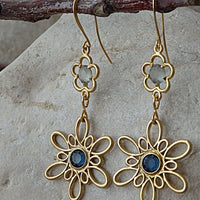 Two Flower Chandelier Earrings. Gold Blue Dangle Earrings. Flower Boho Earrings. Blue Rebeka Romantic Earrings. Chic Gold Earrings