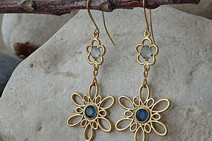 Two Flower Chandelier Earrings. Gold Blue Dangle Earrings. Flower Boho Earrings. Blue Rebeka Romantic Earrings. Chic Gold Earrings