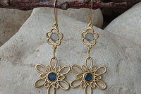 Two Flower Chandelier Earrings. Gold Blue Dangle Earrings. Flower Boho Earrings. Blue Rebeka Romantic Earrings. Chic Gold Earrings