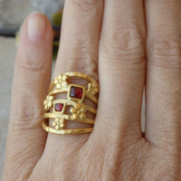 Two Stones Ring. Garnet Ring. Family Ring. Red Stone Ring. Large Ring. Mother Ring. Satement Ring For Women. Stacking Gold Ring. Flower Ring